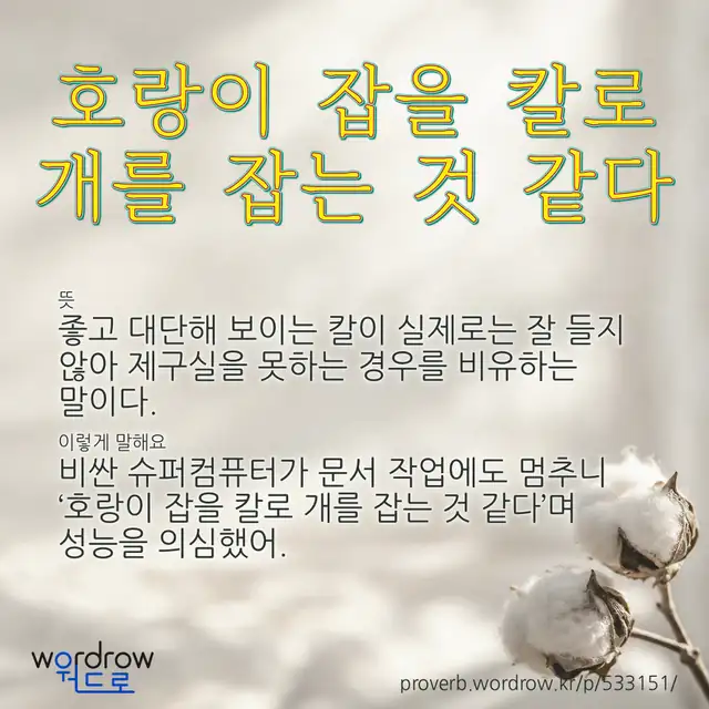 “호랑이 잡을 칼로 개를 잡는 것 같다” 글씨와 뜻·예문이 완성된 속담 영상 포스터