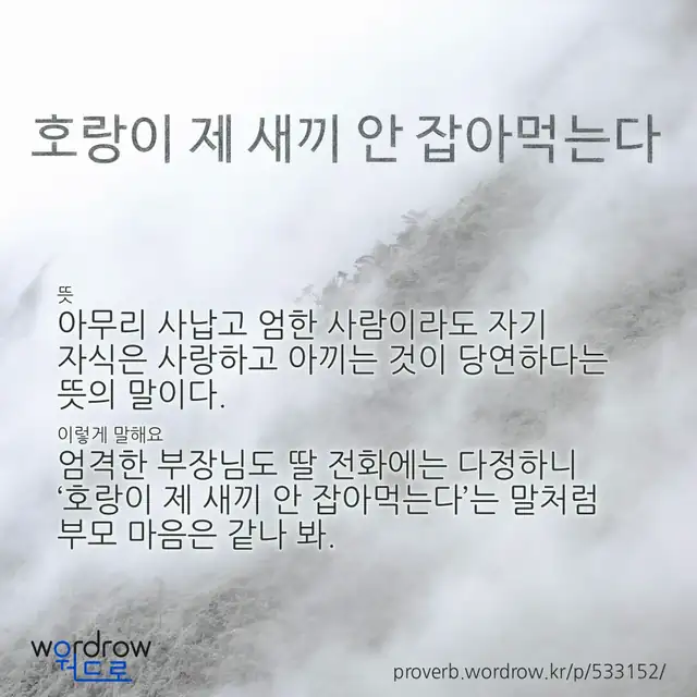 “호랑이 제 새끼 안 잡아먹는다” 글씨와 뜻·예문이 완성된 속담 영상 포스터