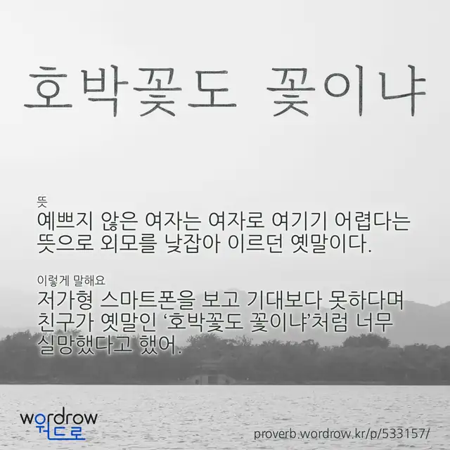 “호박꽃도 꽃이냐” 글씨와 뜻·예문이 완성된 속담 영상 포스터