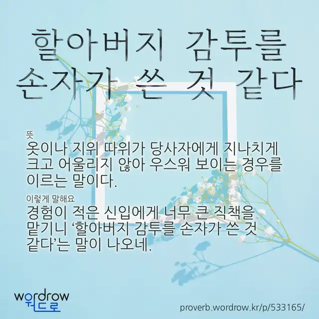 “할아버지 감투를 손자가 쓴 것 같다” 글씨와 뜻·예문이 완성된 속담 영상 포스터