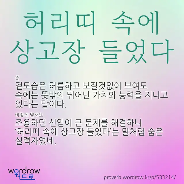 “허리띠 속에 상고장 들었다” 글씨와 뜻·예문이 완성된 속담 영상 포스터