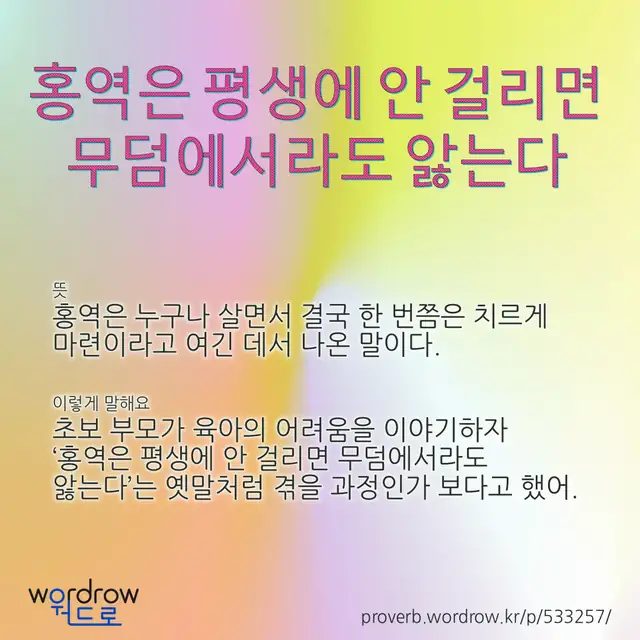 “홍역은 평생에 안 걸리면 무덤에서라도 앓는다” 글씨와 뜻·예문이 완성된 속담 영상 포스터