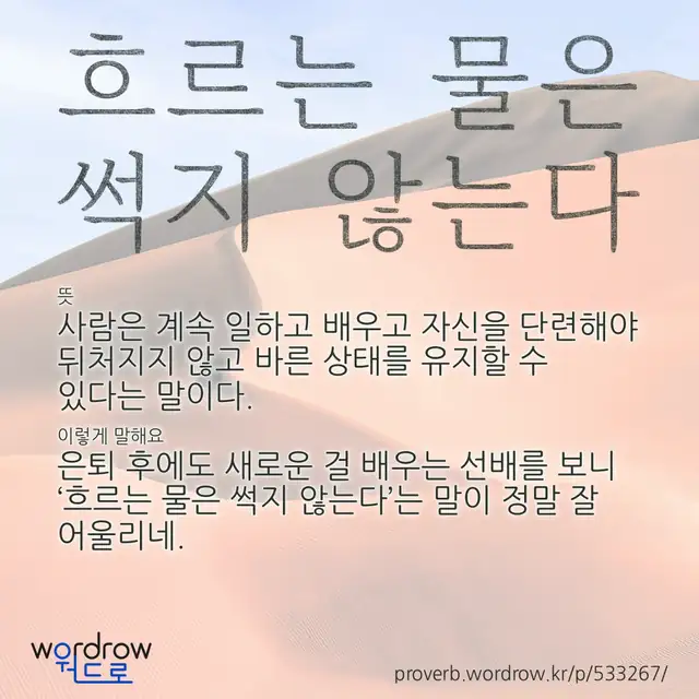 “흐르는 물은 썩지 않는다” 글씨와 뜻·예문이 완성된 속담 영상 포스터
