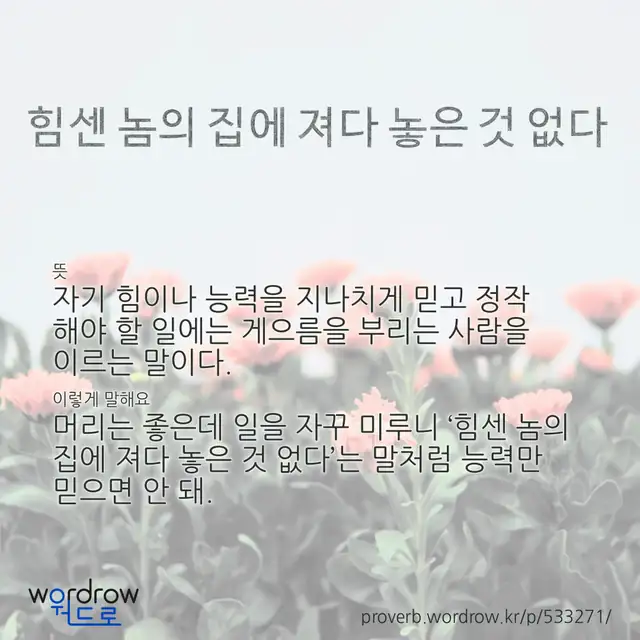 “힘센 놈의 집에 져다 놓은 것 없다” 글씨와 뜻·예문이 완성된 속담 영상 포스터