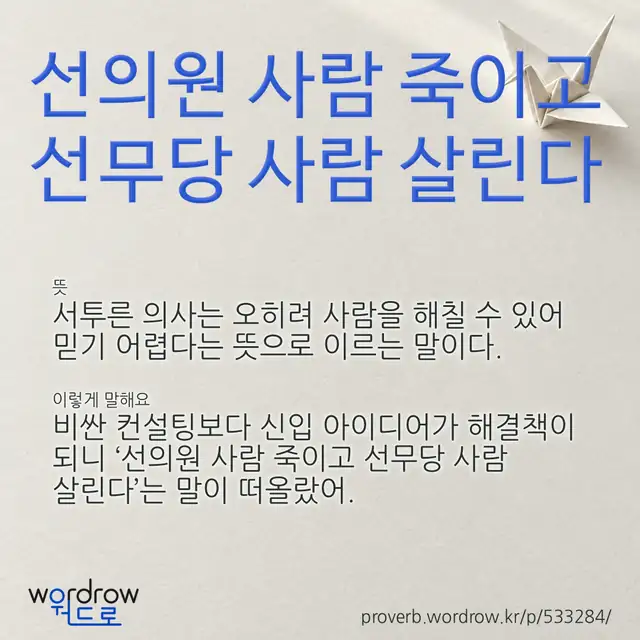 “선의원 사람 죽이고 선무당 사람 살린다” 글씨와 뜻·예문이 완성된 속담 영상 포스터