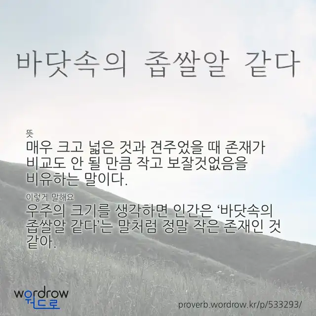 “바닷속의 좁쌀알 같다” 글씨와 뜻·예문이 완성된 속담 영상 포스터