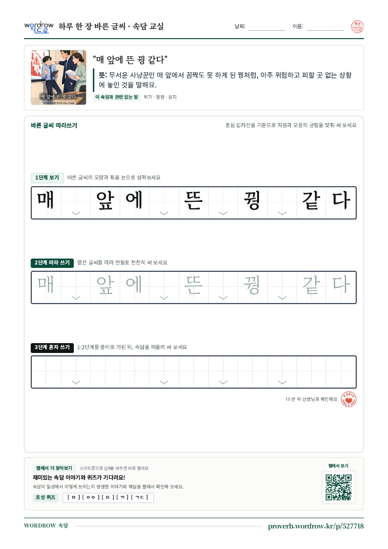 “매 앞에 뜬 꿩 같다” 바른 글씨 따라쓰기 학습지 A4 미리보기