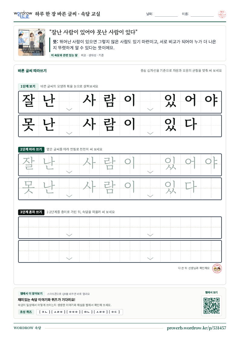 “잘난 사람이 있어야 못난 사람이 있다” 바른 글씨 따라쓰기 학습지 A4 미리보기